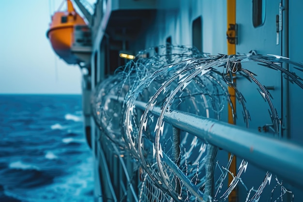 Foto vista do endurecimento do navio a bordo de navios usando arame farpado e espinhos para impedir os piratas de