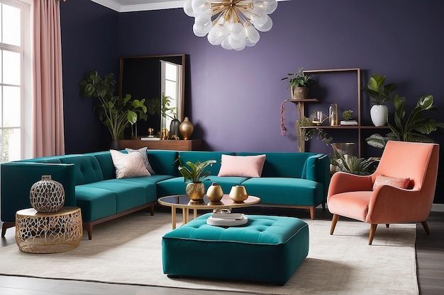 Vista do espaço de design de interiores com a cor do mobiliário e decorações do ano