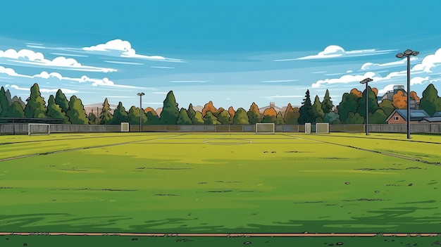 Vista do estilo cartoon de pé no meio de um campo de futebol linhas limpas e ousadas Generative AI