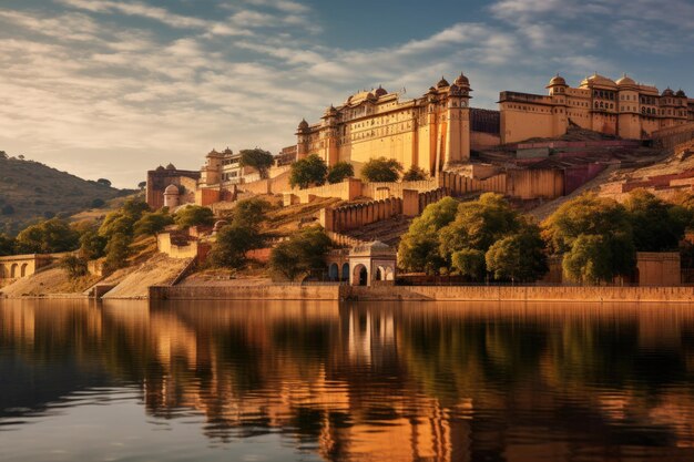 Vista do Forte de Amber em Jaipur Rajasthan Índia Forte de Amber e Lago Maota Jaipur Rajasthan Índia AI Gerado