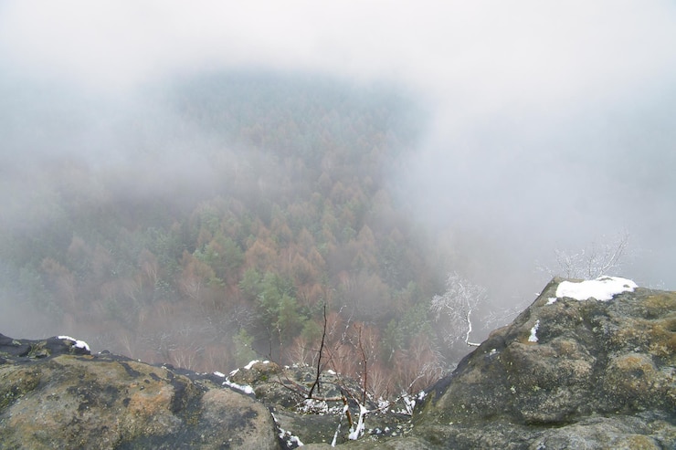 Foto vista do grande zschirnstein para o vale de coníferas coloridas através do nevoeiro