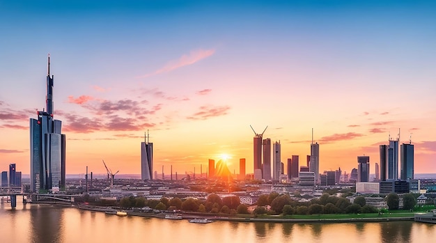 Vista do horizonte da cidade de Frankfurt na Alemanha ao pôr do sol