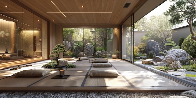 Vista do interior com estilo inspirado em zen no interior da casa de jardim japonesa