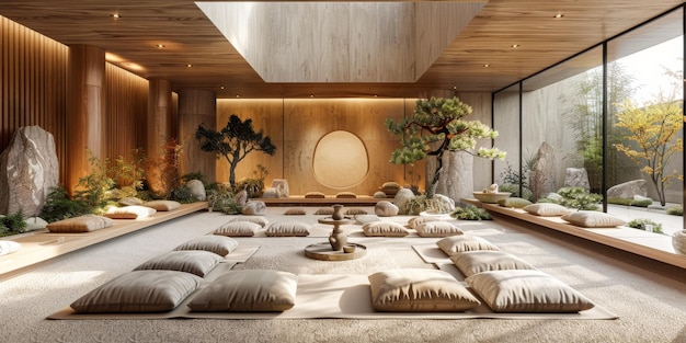 Vista do interior com estilo inspirado em zen no interior da casa de jardim japonesa