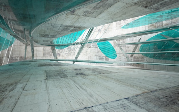 Vista do interior de um edifício com teto de vidro azul e verde.