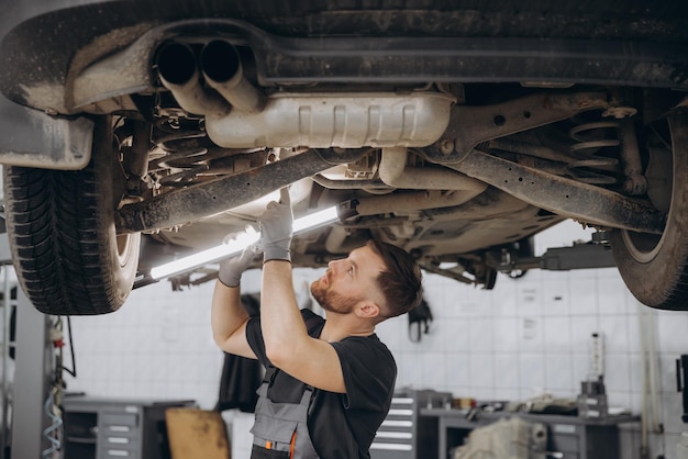 Vista do lado do trabalhador concentrado do serviço de automóveis a verificar a marcha do automóvel