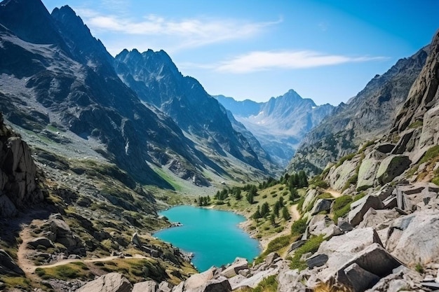 vista do lago de cor turquesa entre montanhas altas e rochosas