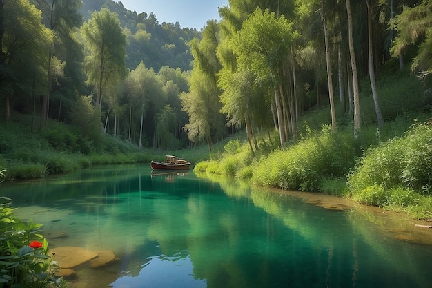 Foto vista do lago no verão vista da natureza verde paisagem e pequeno lago em floresta profunda bela vista de barco de pesca e árvores exuberantes na lagoa na floresta perus vida selvagem e natureza selvagem turquia