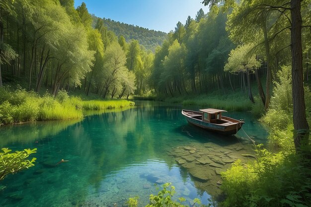 Foto vista do lago no verão vista da natureza verde paisagem e pequeno lago em floresta profunda bela vista de barco de pesca e árvores exuberantes na lagoa na floresta perus vida selvagem e natureza selvagem turquia