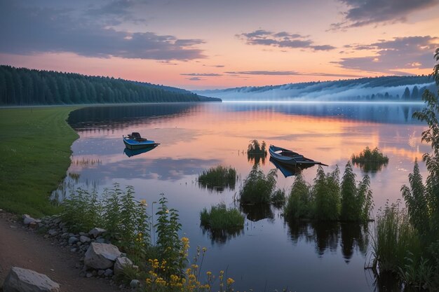 Vista do lago Svityaz após o pôr do sol Ucrânia