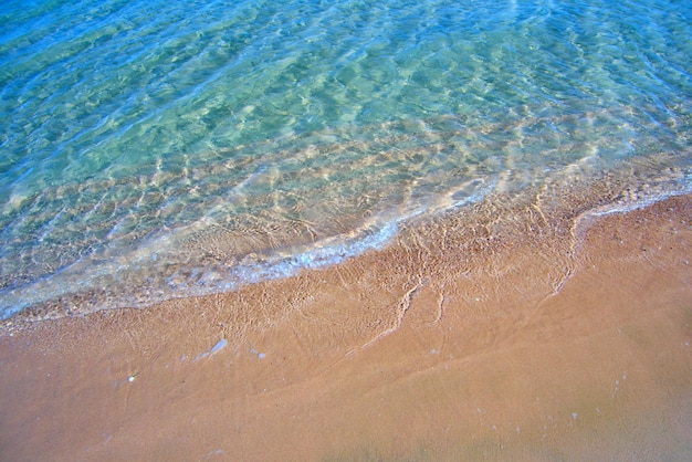 Vista do mar com a superfície da água do mar azul com pequenas ondas quebrando na praia de areia amarela. Conceito de viagens e férias.