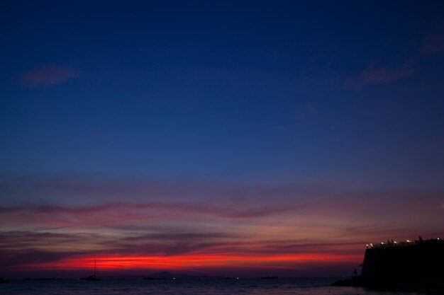 Vista do mar contra o céu nublado durante o pôr-do-sol