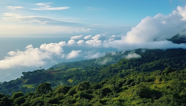 Vista do mar de nuvens do topo do pico da montanha Floresta tropical nascente vibrante