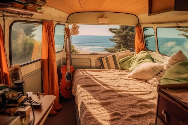 Vista do mar e da praia a partir do interior de uma carrinha vintage para viajar Generative AI