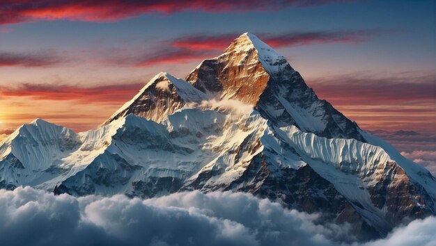 vista do Monte Everest com seu pico coberto de neve alcançando o céu