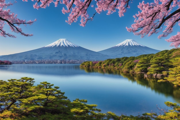 Vista do monte fuji e cerejeiras