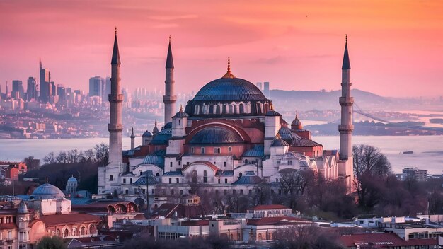 Foto vista do museu de ayasofya e da paisagem urbana de istambul ao nascer do sol na turquia