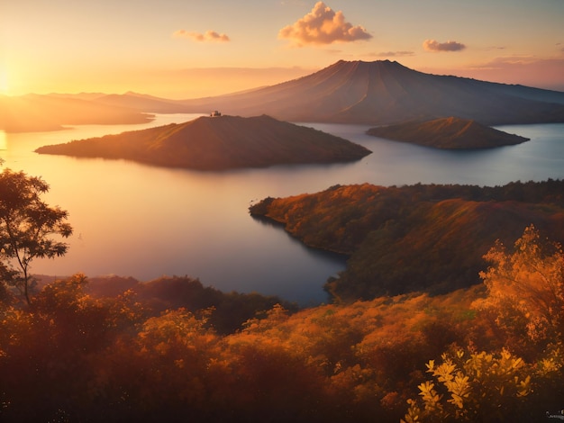Vista do nascer do sol sobre o lago Batur no outono