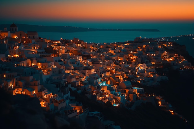 Foto vista do nascer e do pôr-do-sol em oia santorini