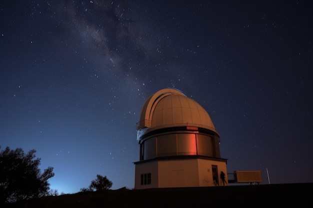 Vista do observatório com telescópio e cúpula visível no céu noturno criado com ai generativa