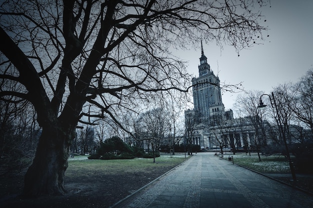 Vista do palácio da Cultura e Ciência em Varsóvia e do parque próximo em um dia nublado