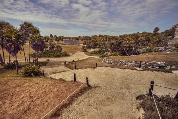 Vista do parque do sítio arqueológico das ruínas maias em Tulum, no México.