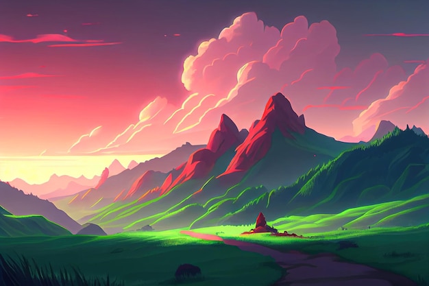 Vista do pôr do sol da montanha de anime Generative AI