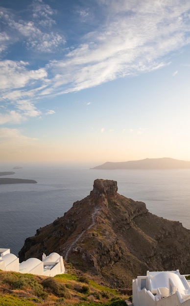 Vista do pôr do sol de Skaros Rock, Imerovigli, Santorini