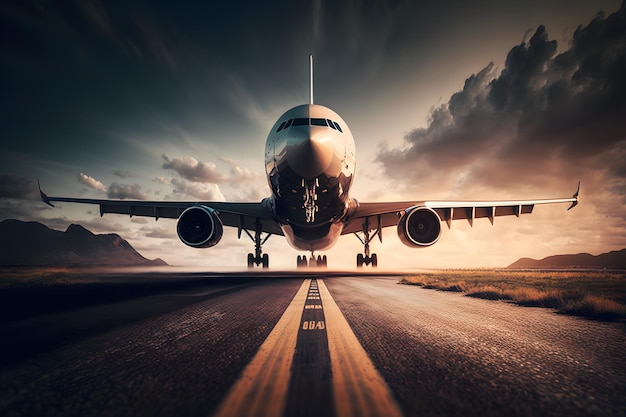 Vista do pôr do sol do avião na pista do aeroporto sob o céu dramático Rede neural AI gerada