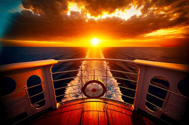 Vista do pôr do sol do convés do navio sobre o mar em raios de sol poente