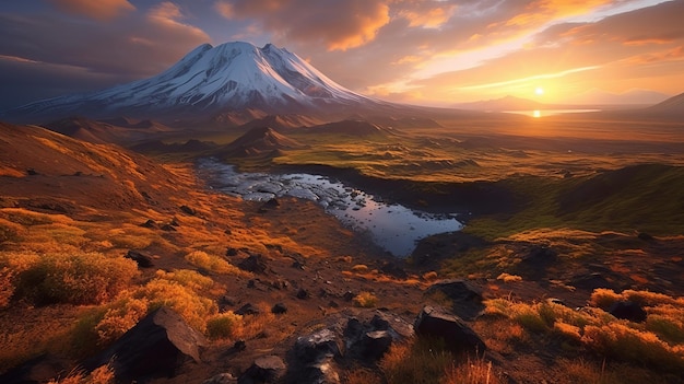 Vista do pôr do sol do poço de magma gerado por IA