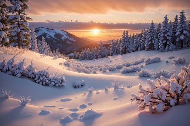 Vista do pôr-do-sol no inverno nevado