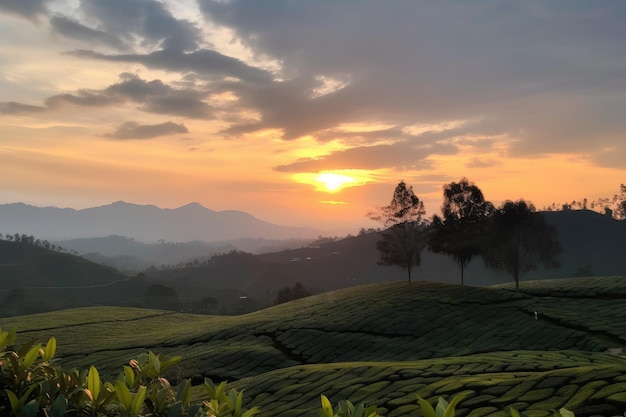 Vista do pôr do sol sobre a plantação de chá com a silhueta das montanhas ao fundo