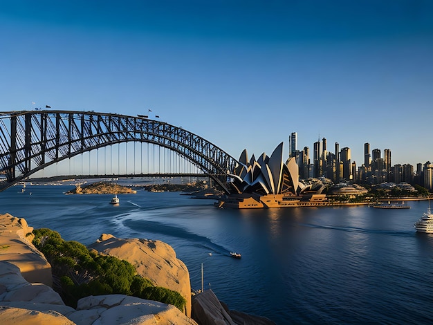 vista do porto de sydney com ponte da ópera e rochas em primeiro plano Ai gerado