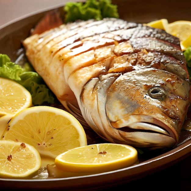 Vista do prato de peixe mahimahi com rodelas de limão