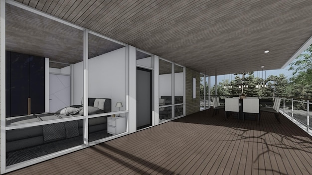 vista do quarto da varanda Ilustração 3d de desenho de arquitetura