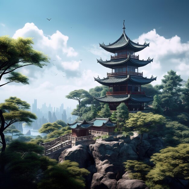Vista do templo chinês