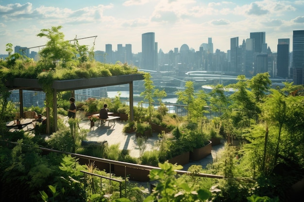 Vista do terraço para a cidade de Xangai China Um belo jardim no telhado da cidade com belas plantas verdes AI gerado