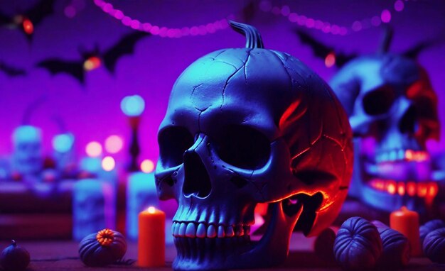 Foto vista do terror do evento da festa do crânio da noite de halloween desfocada