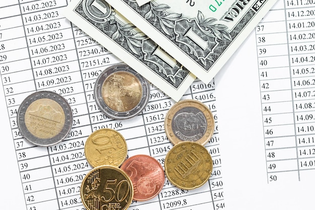 Vista do topo das moedas de notas e dinheiro da folha de pagamento em um conceito de análise financeira