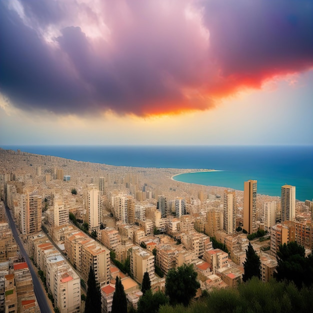 vista do topo para a cidade de Haifa ao pôr-do-sol vista do alto para a cidade De Haifa ao pouso do sol