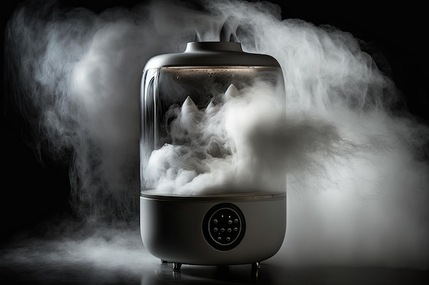 Foto vista do vapor de água branca de perto com spray de umidificador isolado contra um fundo escuro