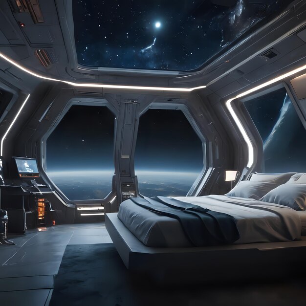 Foto una vista de un dormitorio con una cama y un escritorio