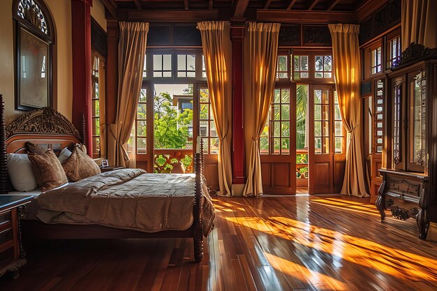 Vista del dormitorio de una vieja casa con pisos de madera