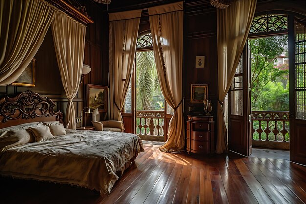 Vista del dormitorio de una vieja casa con pisos de madera