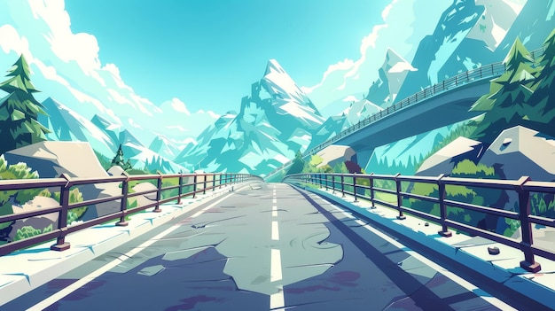 Una vista de dos carriles de caminos de giro asfaltados y rocas en un paisaje de verano con puentes, carreteras y carreteras vacías en las montañas en el verano Una ilustración moderna de dibujos animados de un carril doble