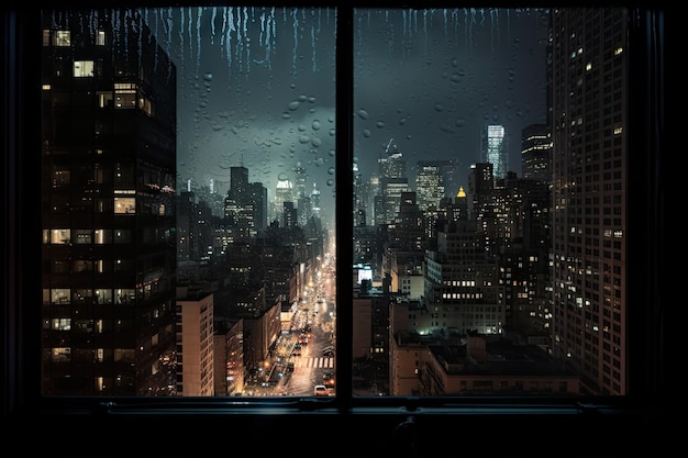 vista dos edifícios da cidade enquanto chove à noite a partir de uma janela de vidro