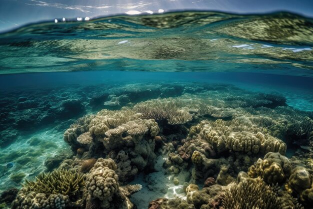 Vista dos recifes de coral do fundo do mar de baixo com o horizonte e a linha d'água dividindo-os
