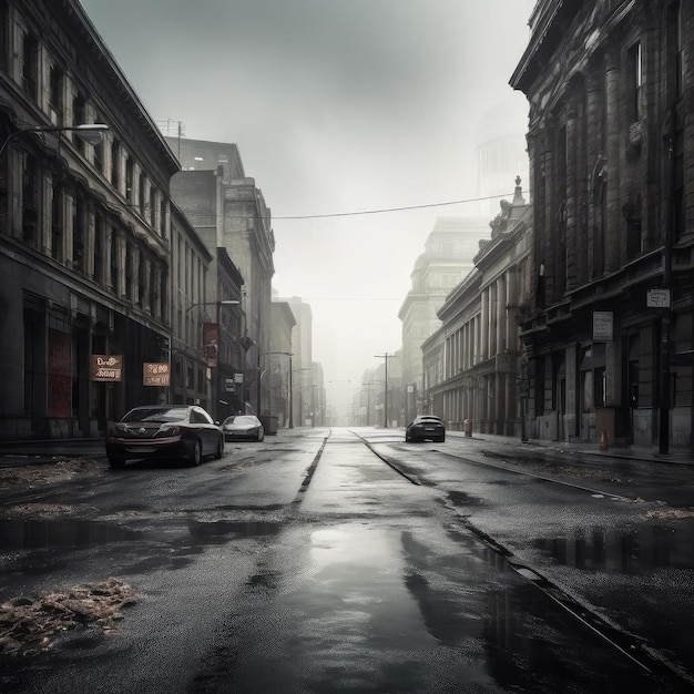 Foto vista dramática de una calle en una ciudad de niebla