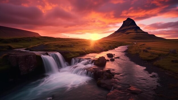 Vista dramática de la cascada de Kirkjufellsfoss cerca de Kirkju Ai Generative